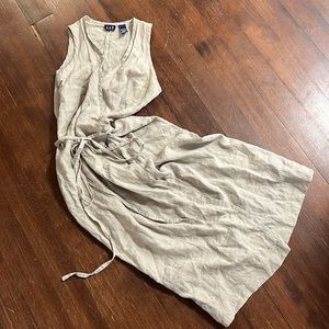 1990s Oatmeal Linen Vintage Wrap Dress - XS